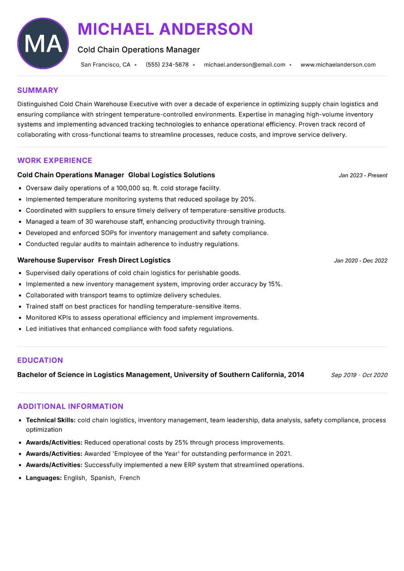 Cold Chain Warehouse Executive Resume Preview Example