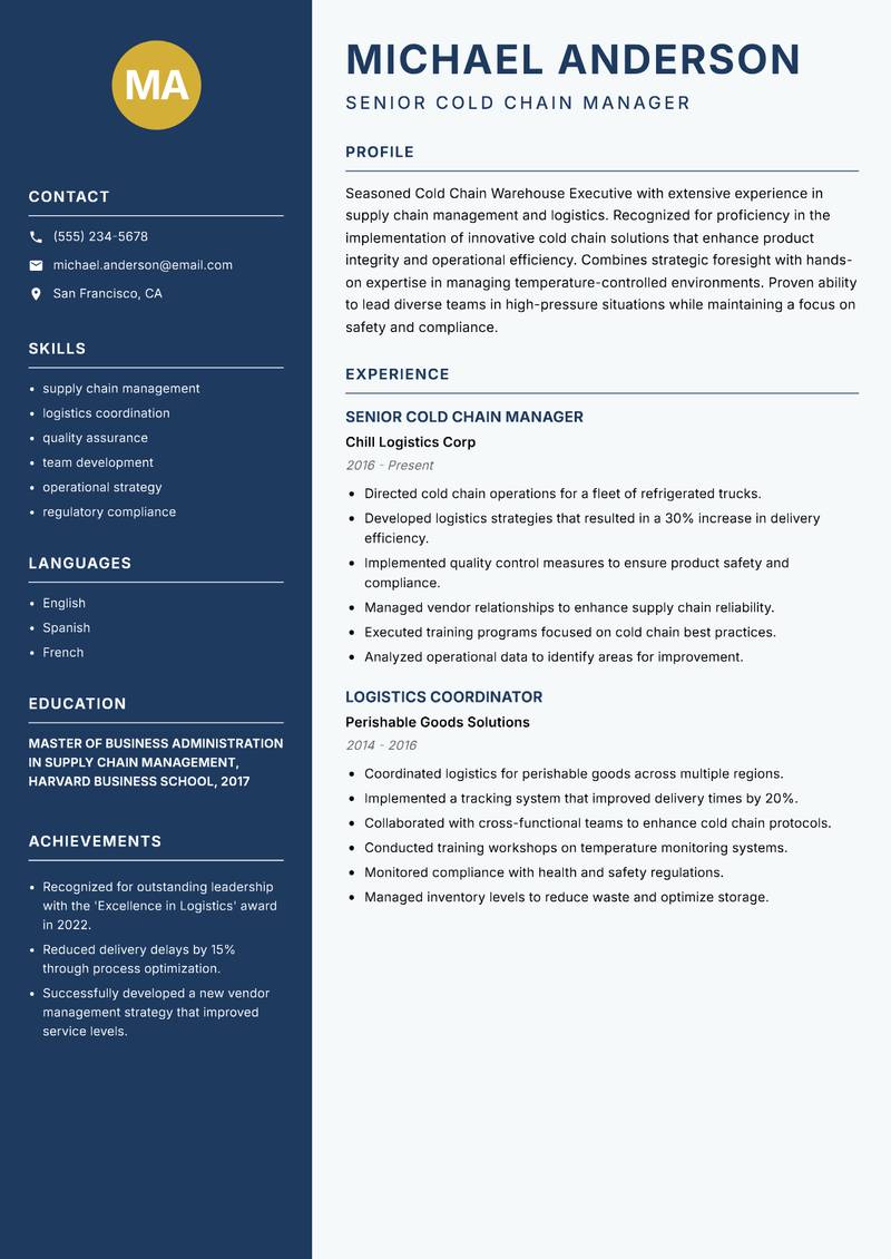 Cold Chain Warehouse Executive Resume Preview Example