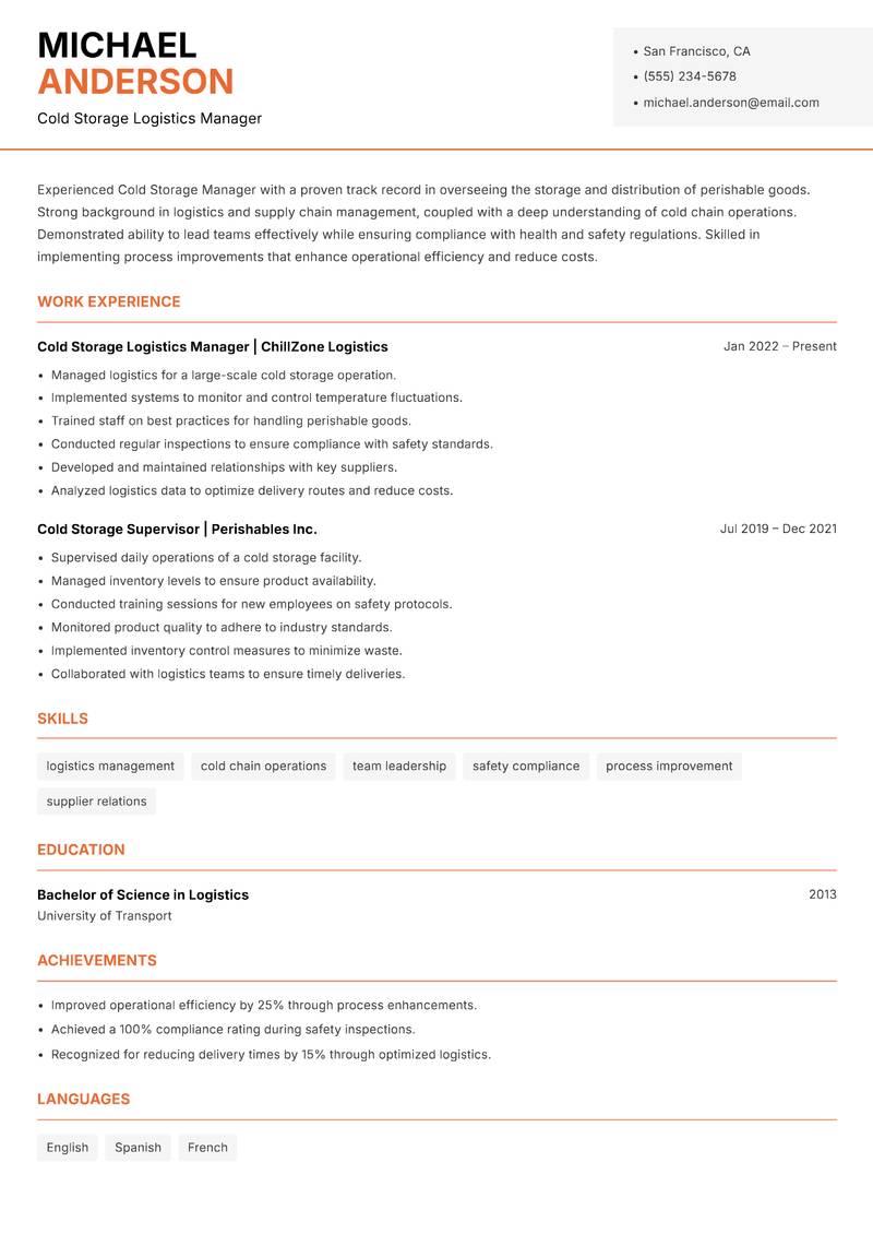 Cold Storage Manager Resume Template