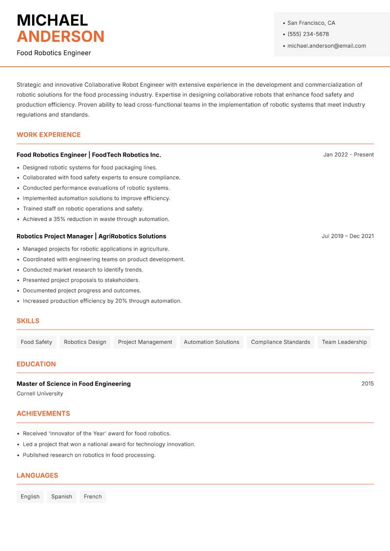 Collaborative Robot Engineer Resume Template