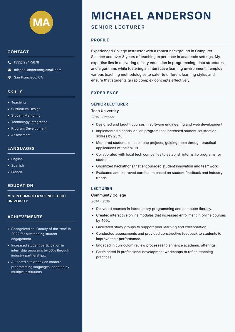 College Instructor Resume Preview Example