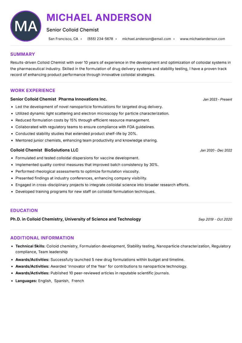 Colloid Chemist Resume Preview Example