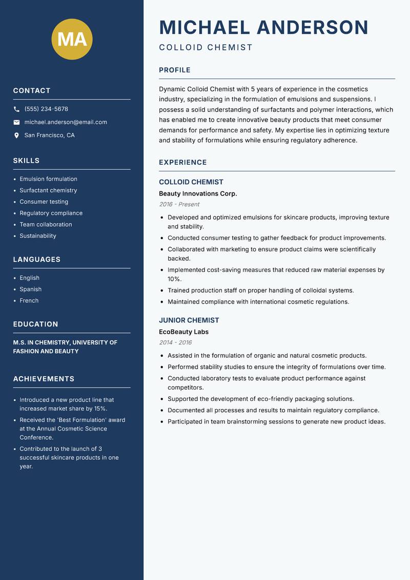 Colloid Chemist Resume Preview Example