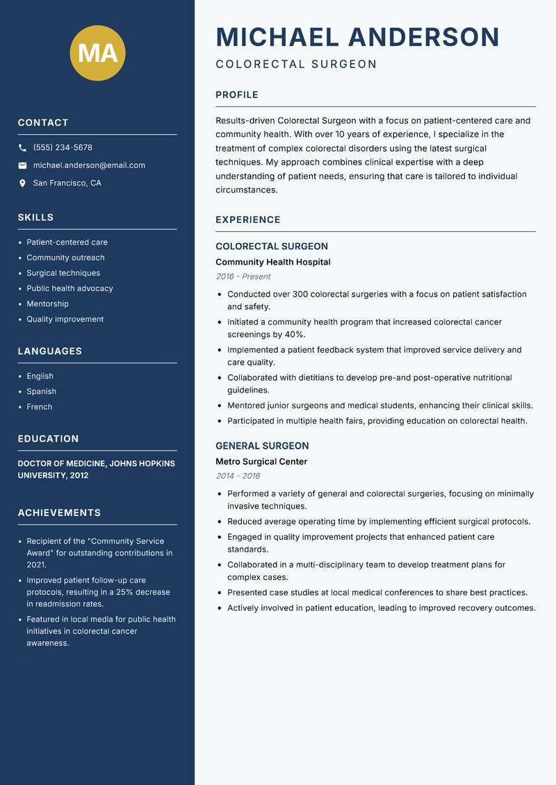 Colorectal Surgeon Resume Preview Example