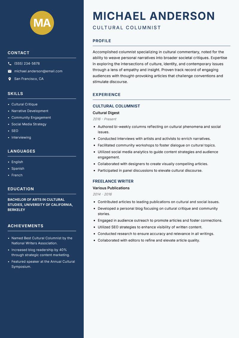 Columnist Resume Preview Example