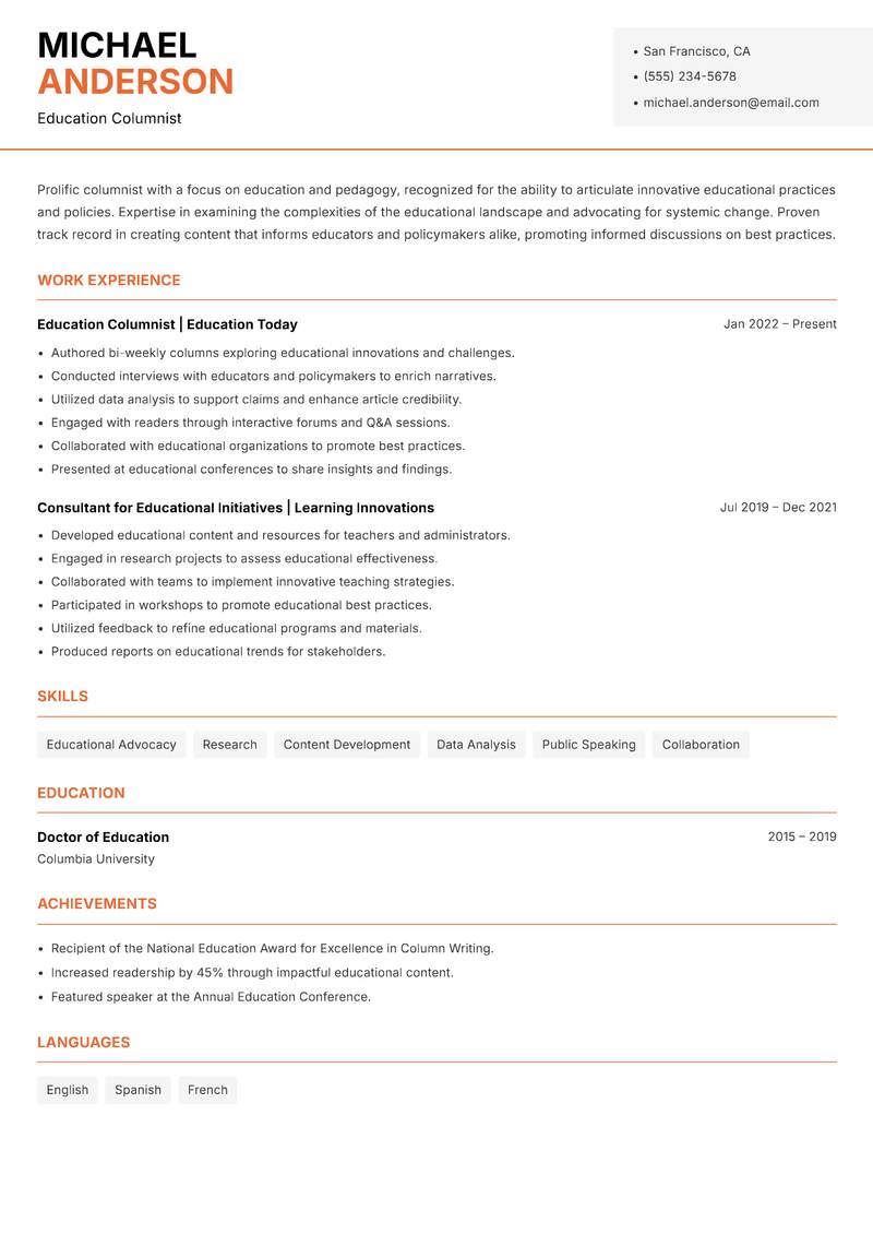 Columnist Resume Template