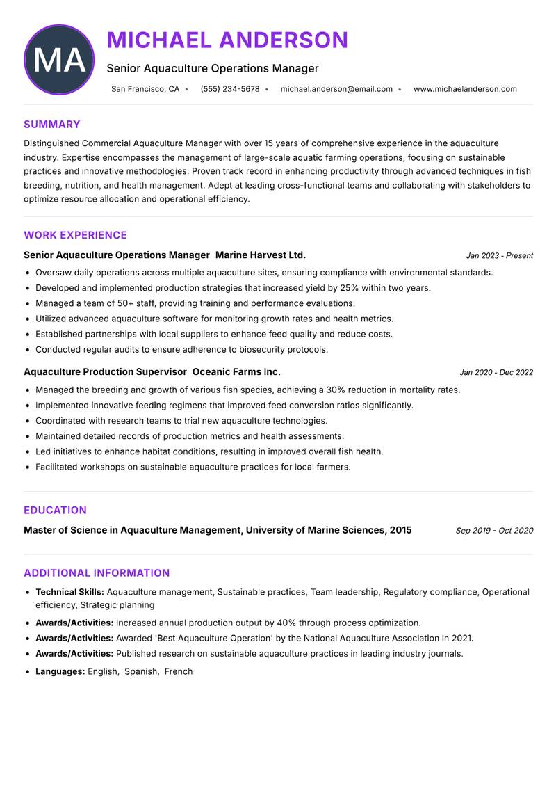 Commercial Aquaculture Manager Resume Preview Example