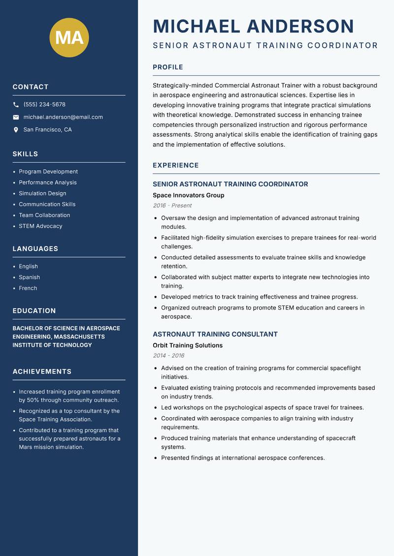 Commercial Astronaut Trainer Resume Preview Example