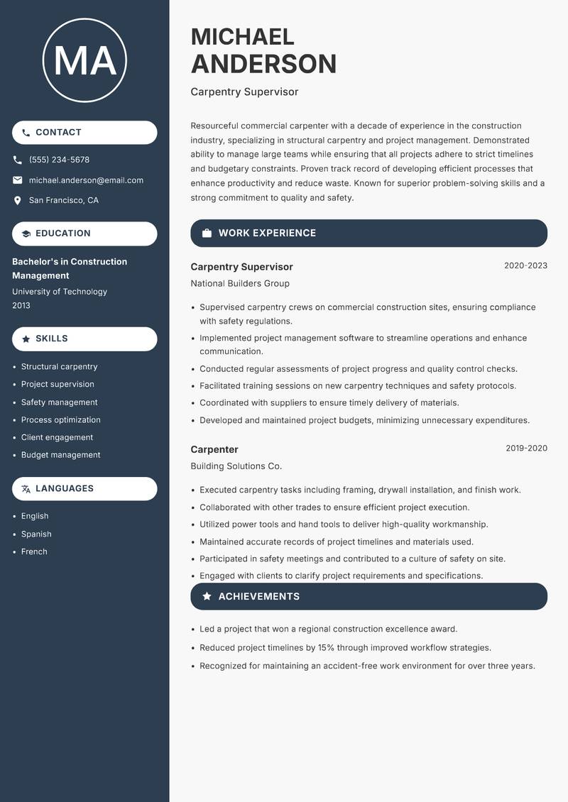 Commercial Carpenter Resume Preview Example