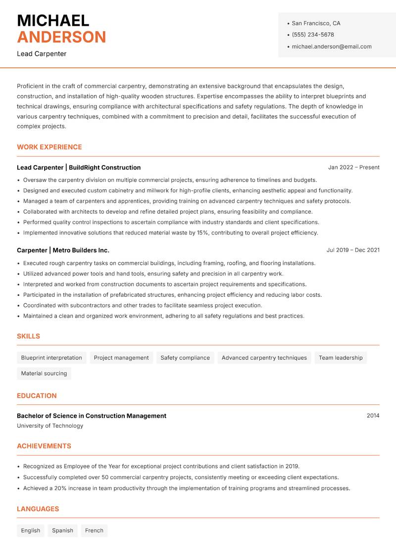 Commercial Carpenter Resume Template