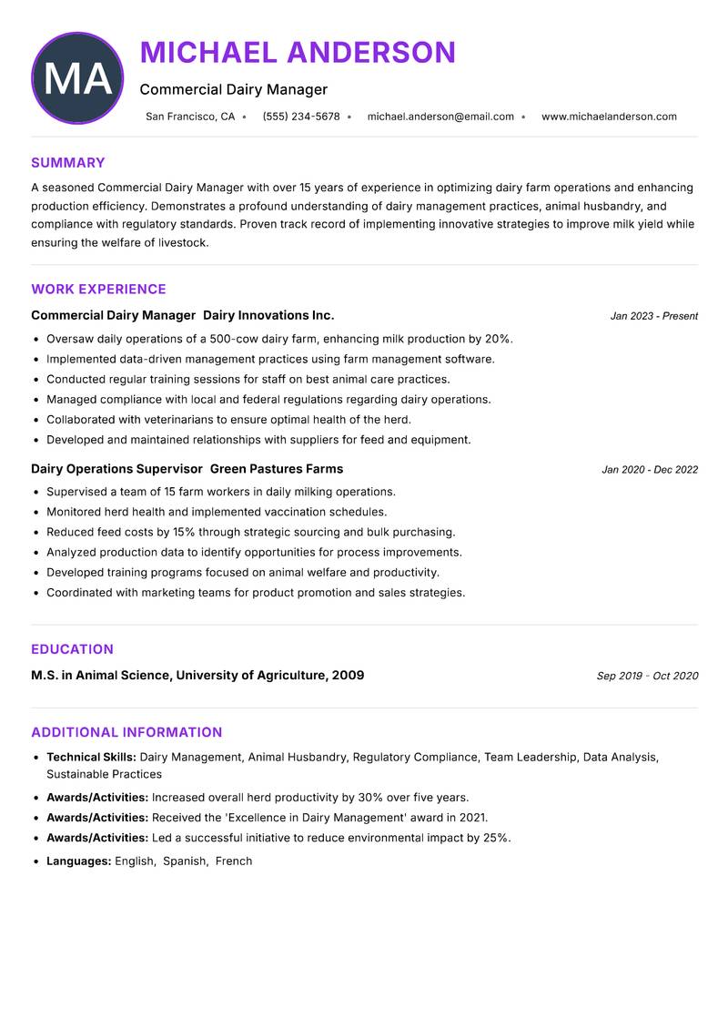 Commercial Dairy Manager Resume Preview Example