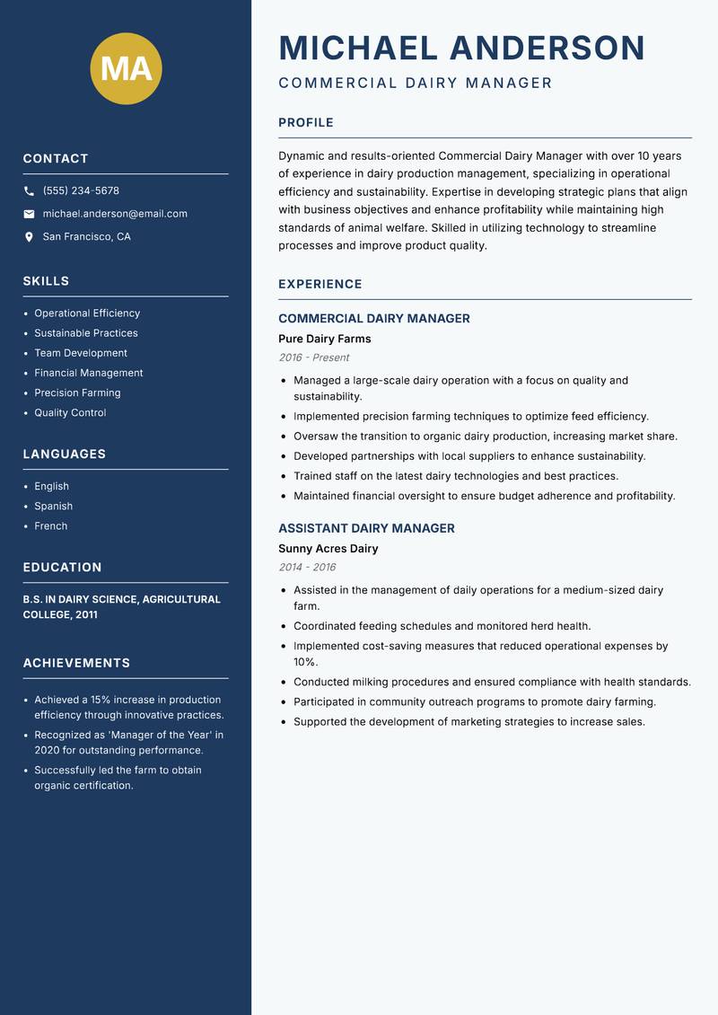 Commercial Dairy Manager Resume Preview Example