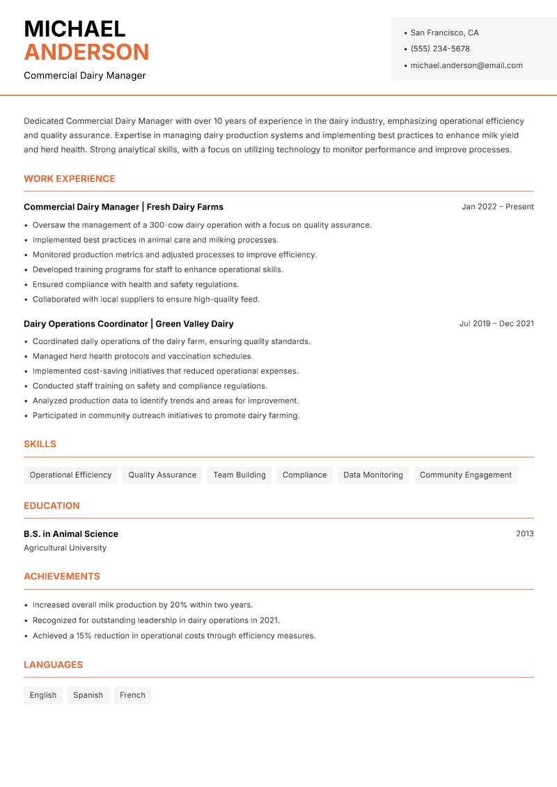 Commercial Dairy Manager Resume Template