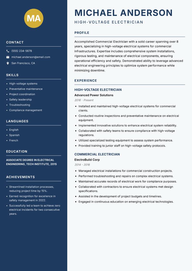 Commercial Electrician Resume Preview Example