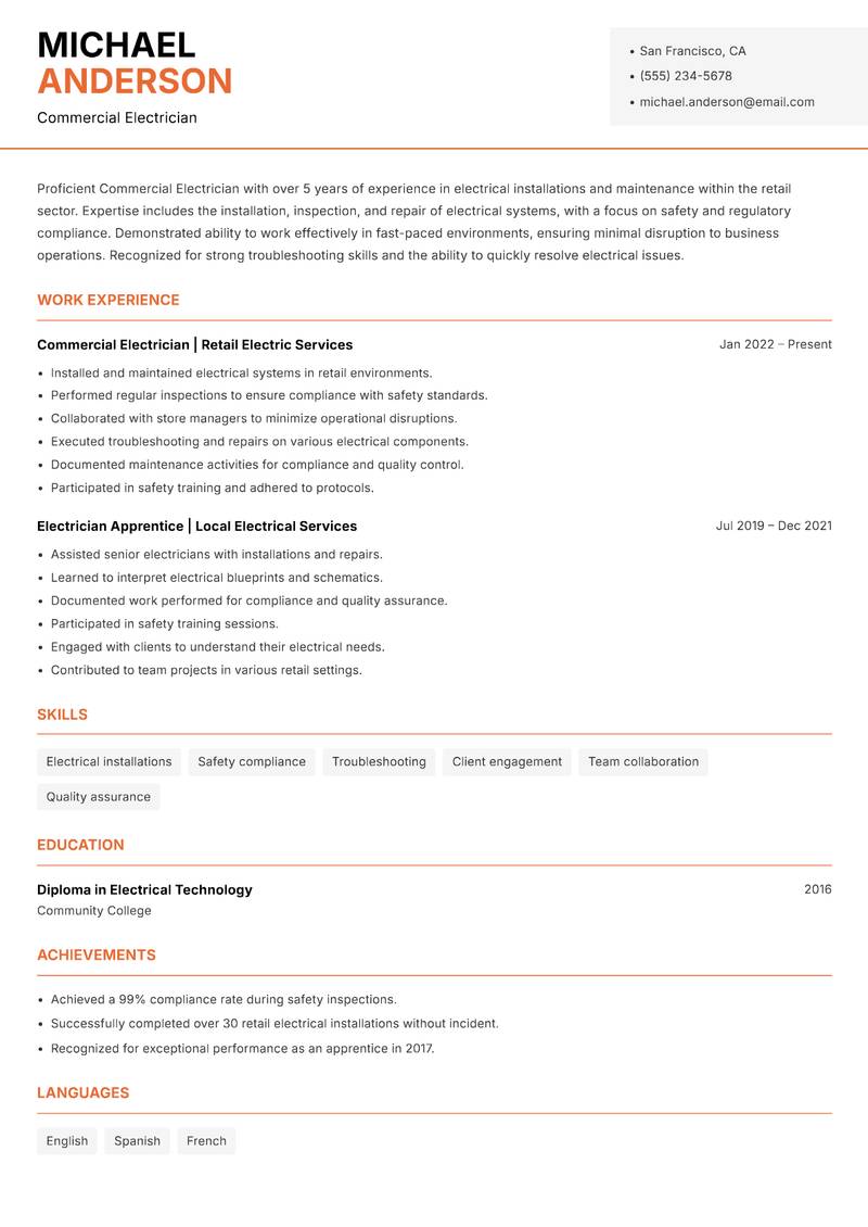 Commercial Electrician Resume Template