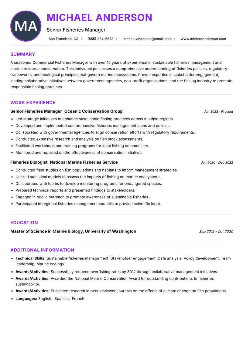 Commercial Fisheries Manager Resume Preview Example