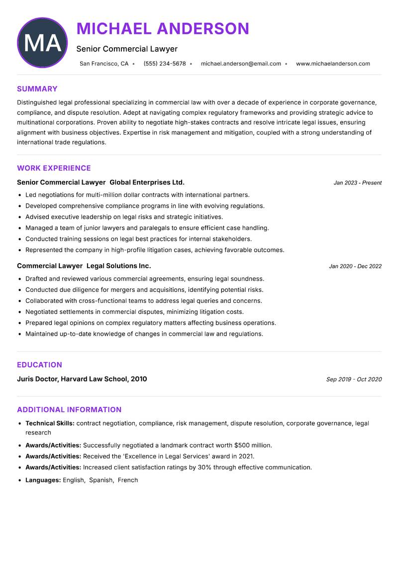 Commercial Lawyer Resume Preview Example