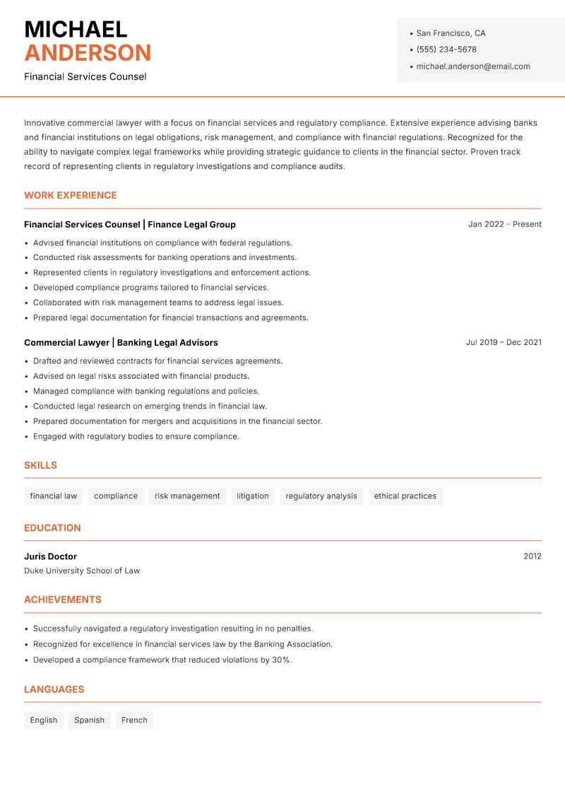 Commercial Lawyer Resume Template
