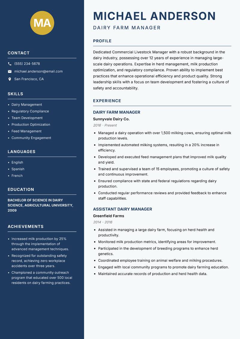 Commercial Livestock Manager Resume Preview Example