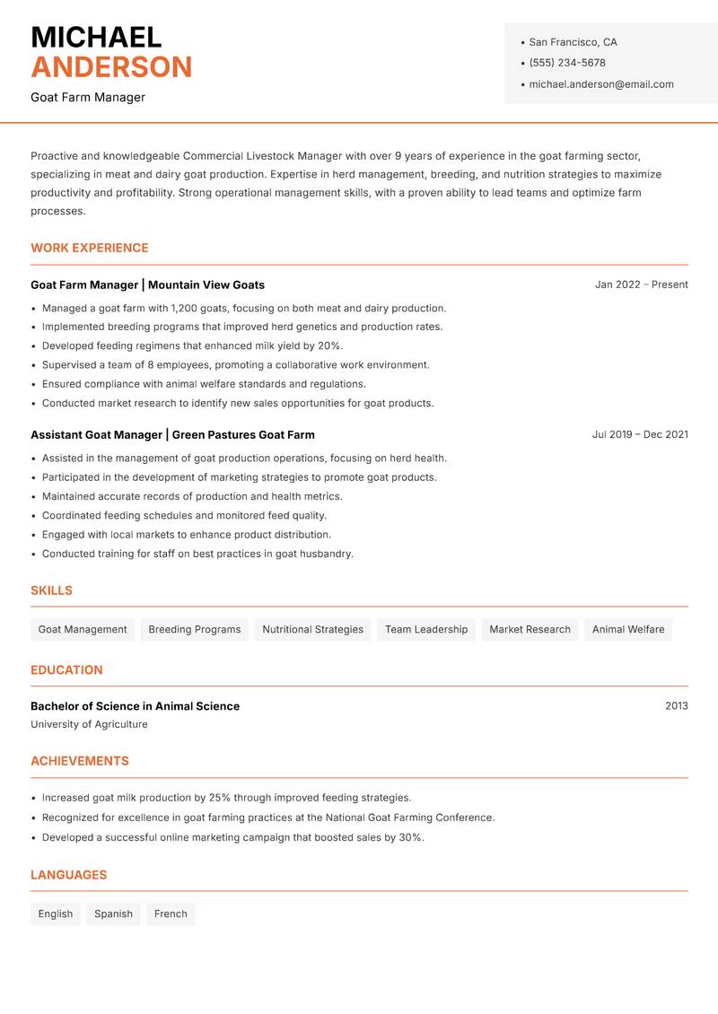 Commercial Livestock Manager Resume Template