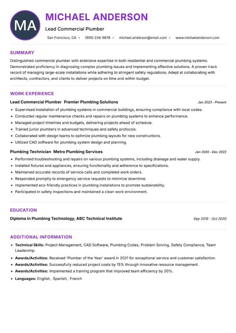 Commercial Plumber Resume Preview Example