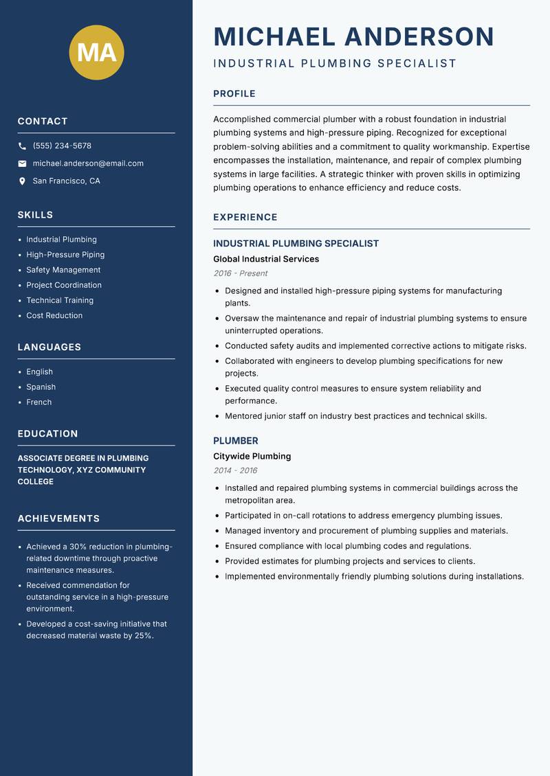 Commercial Plumber Resume Preview Example