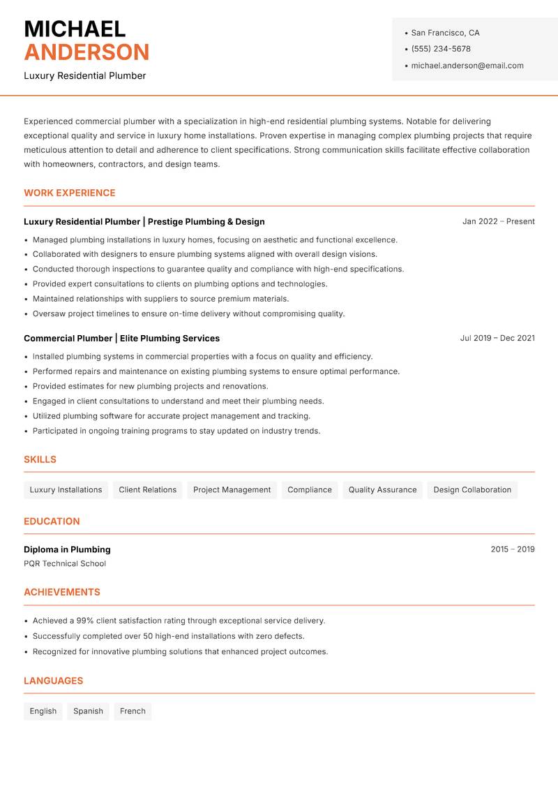 Commercial Plumber Resume Template