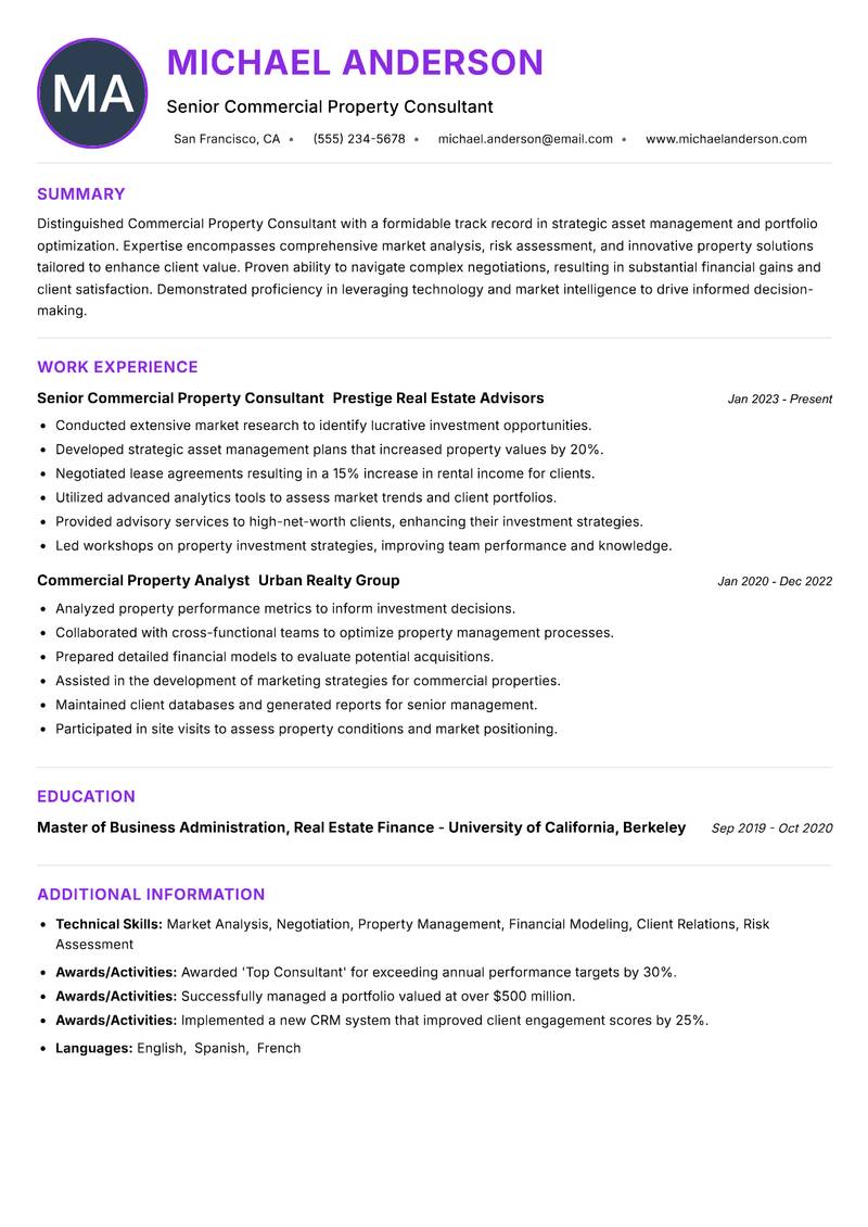 Commercial Property Consultant Resume Preview Example