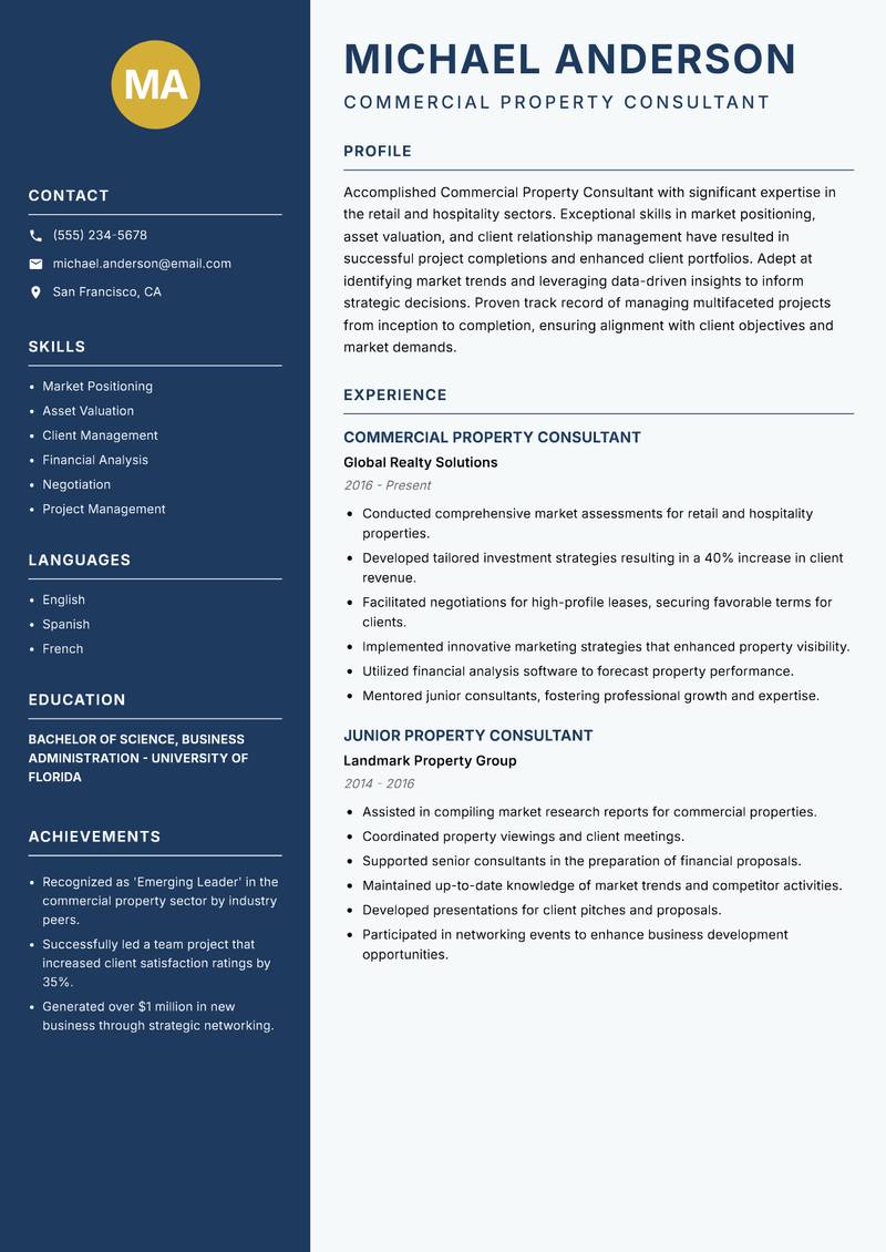 Commercial Property Consultant Resume Preview Example
