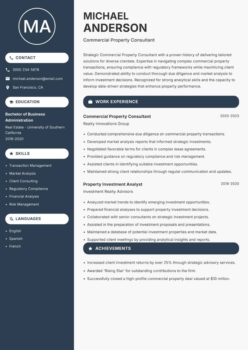Commercial Property Consultant Resume Preview Example