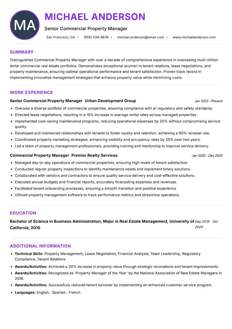 Commercial Property Manager Resume Preview Example