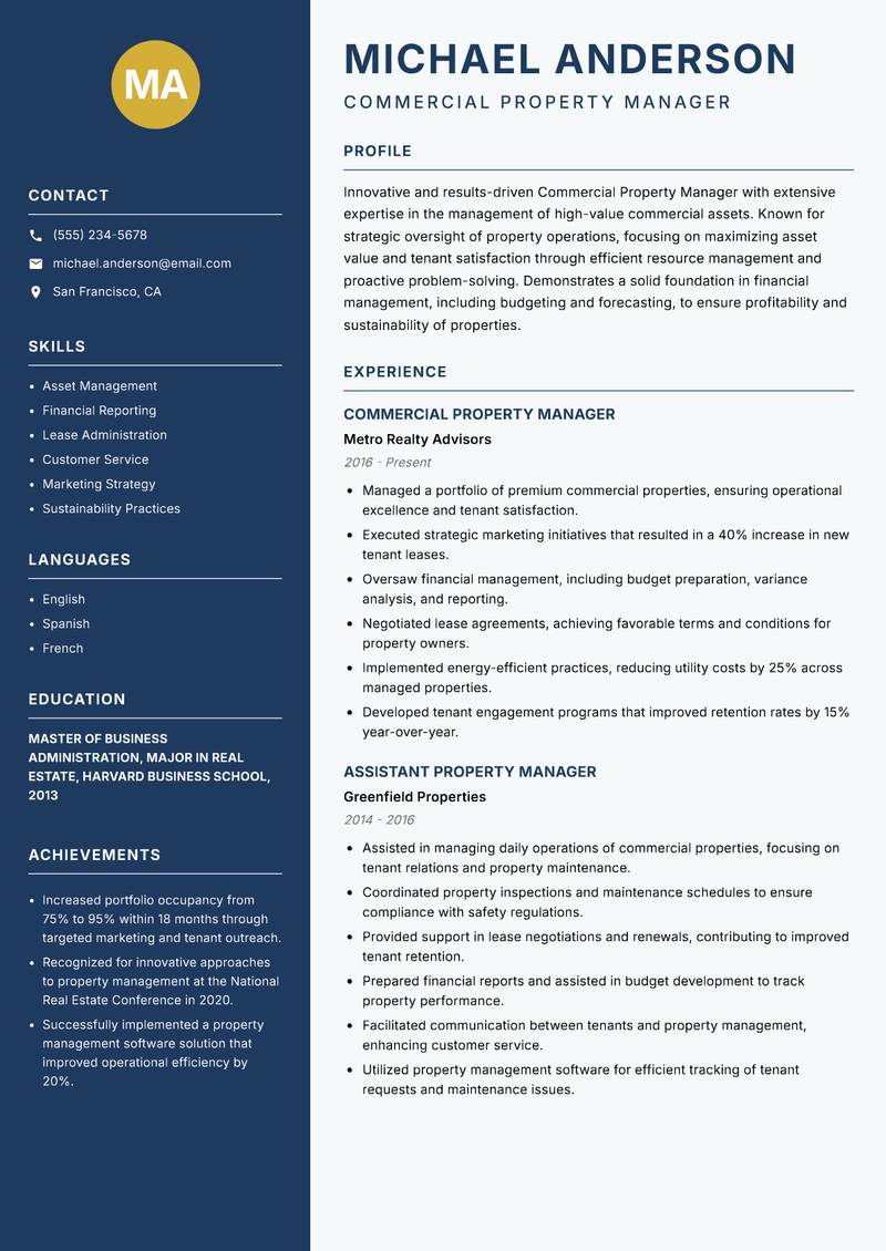 Commercial Property Manager Resume Preview Example