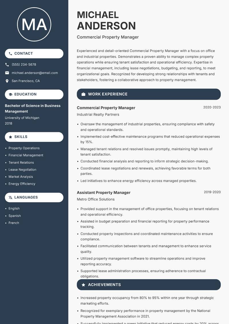 Commercial Property Manager Resume Preview Example