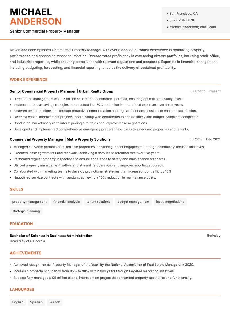 Commercial Property Manager Resume Template