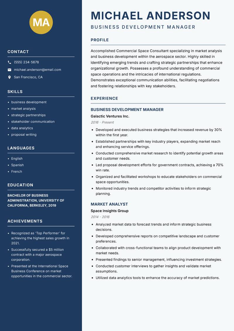 Commercial Space Consultant Resume Preview Example