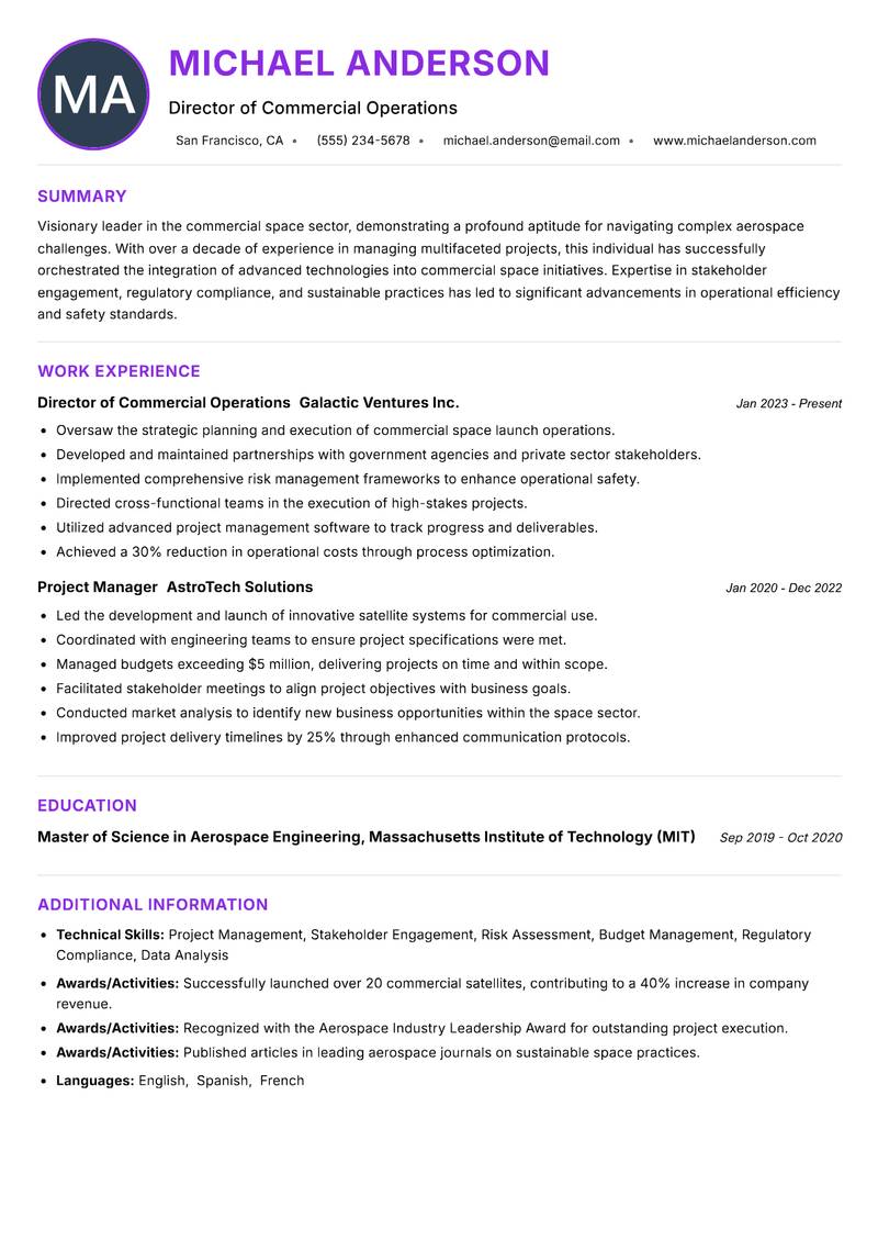 Commercial Space Manager Resume Preview Example