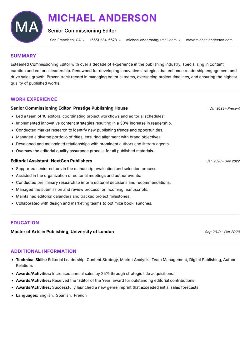 Commissioning Editor Resume Preview Example
