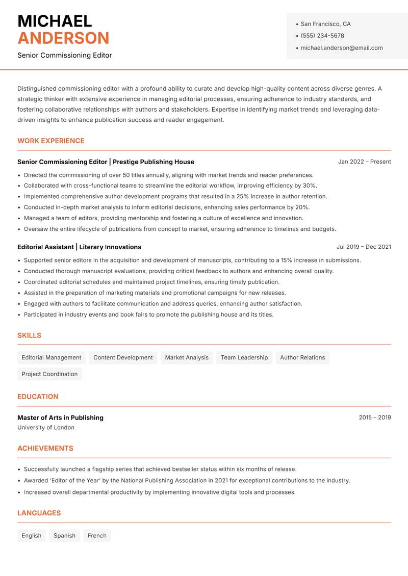 Commissioning Editor Resume Template