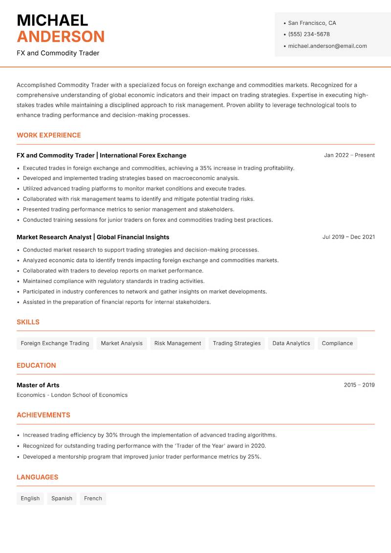 Commodity Trader Resume Template