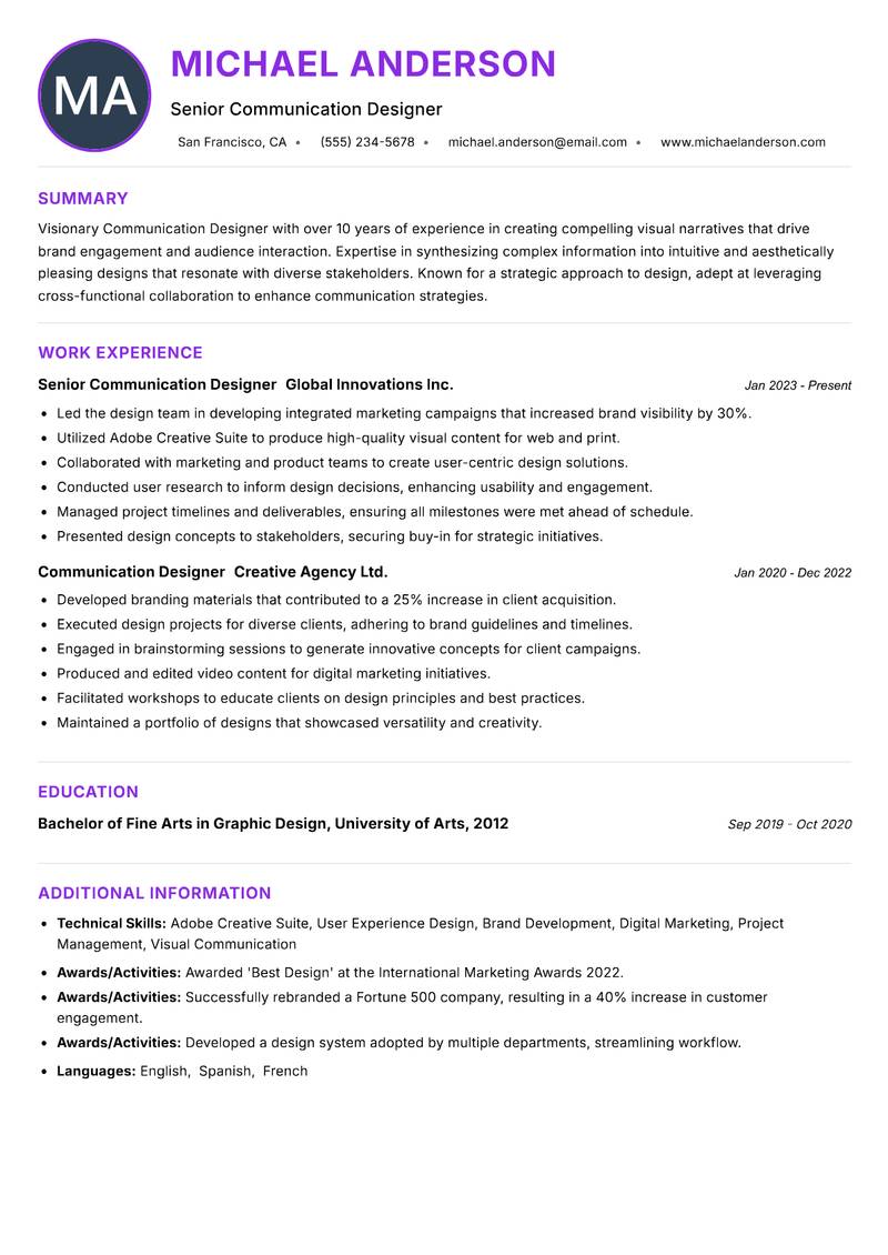 Communication Designer Resume Preview Example