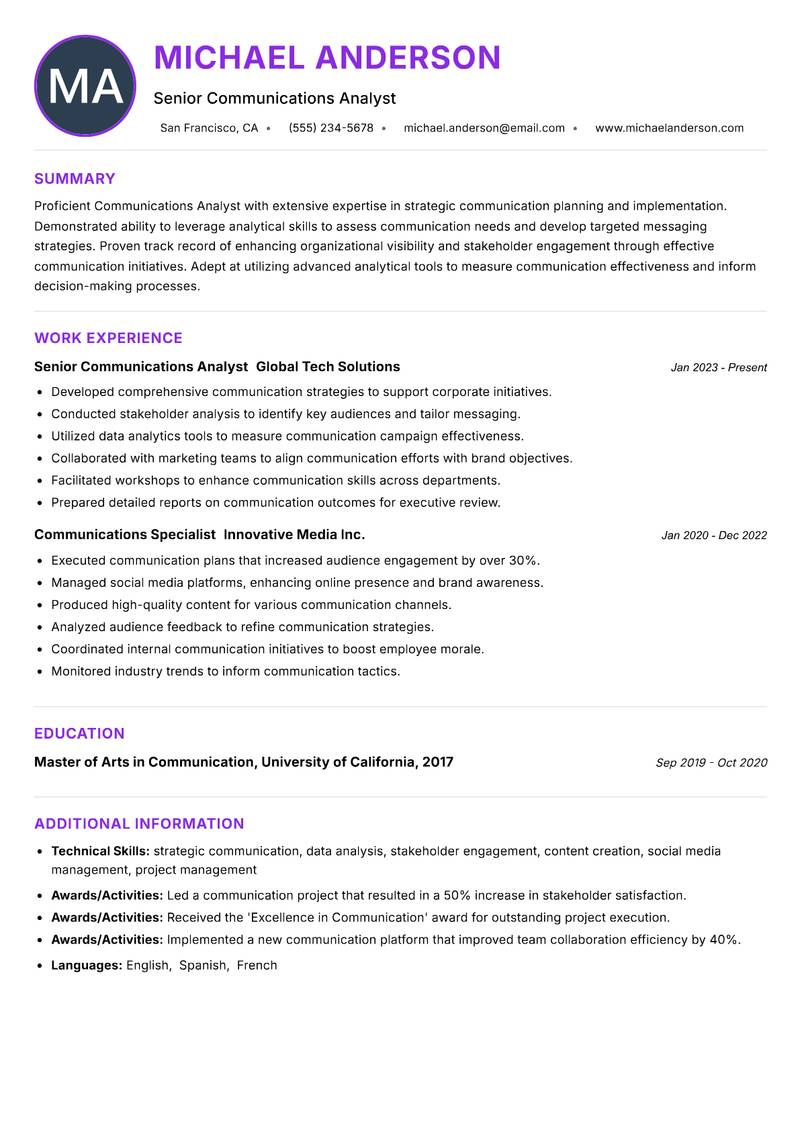Communications Analyst Resume Preview Example