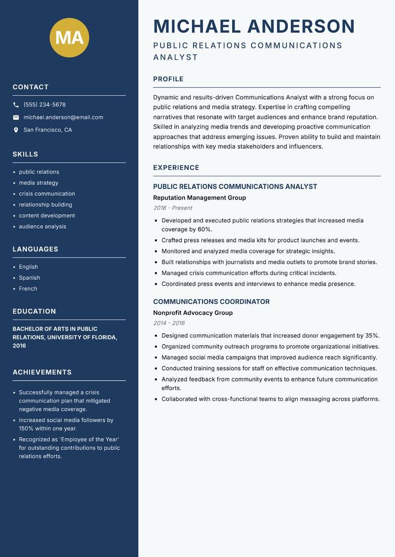 Communications Analyst Resume Preview Example