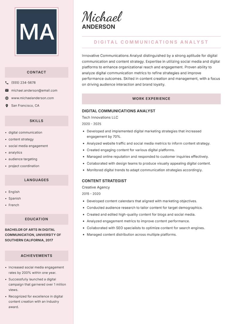 Communications Analyst Resume Preview Example