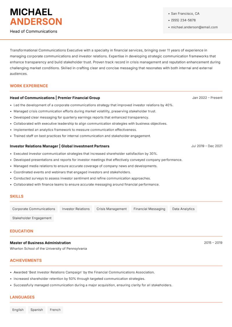 Communications Executive Resume Template