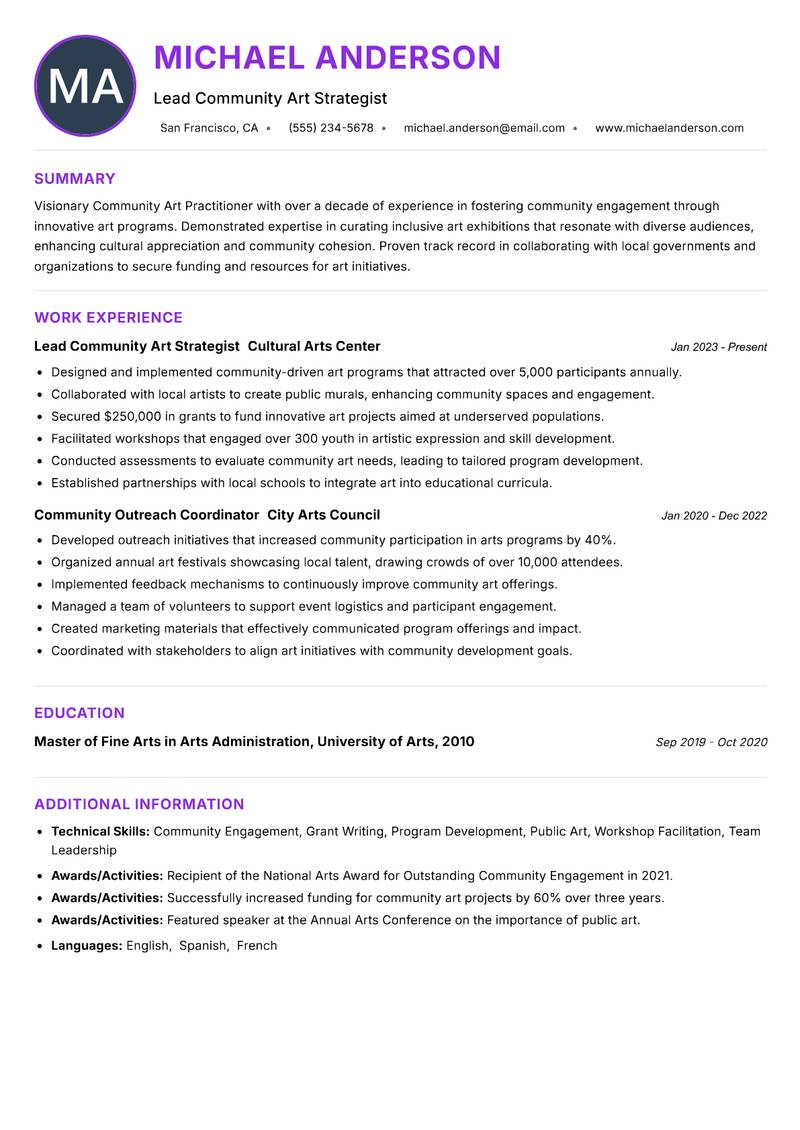 Community Art Practitioner Resume Preview Example