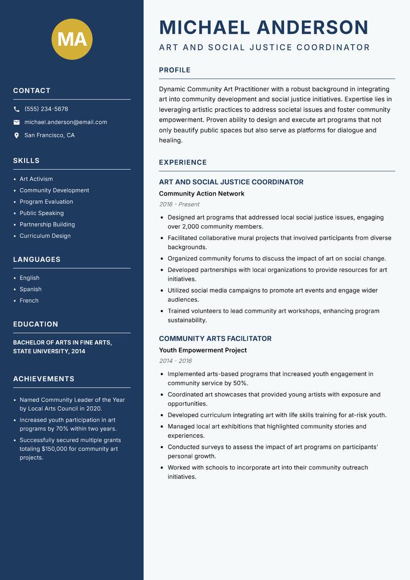 Community Art Practitioner Resume Preview Example