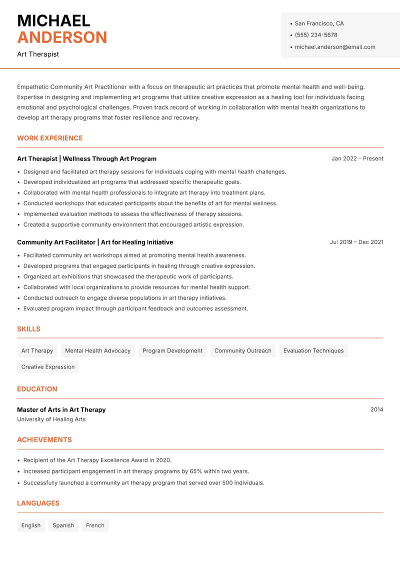 Community Art Practitioner Resume Template