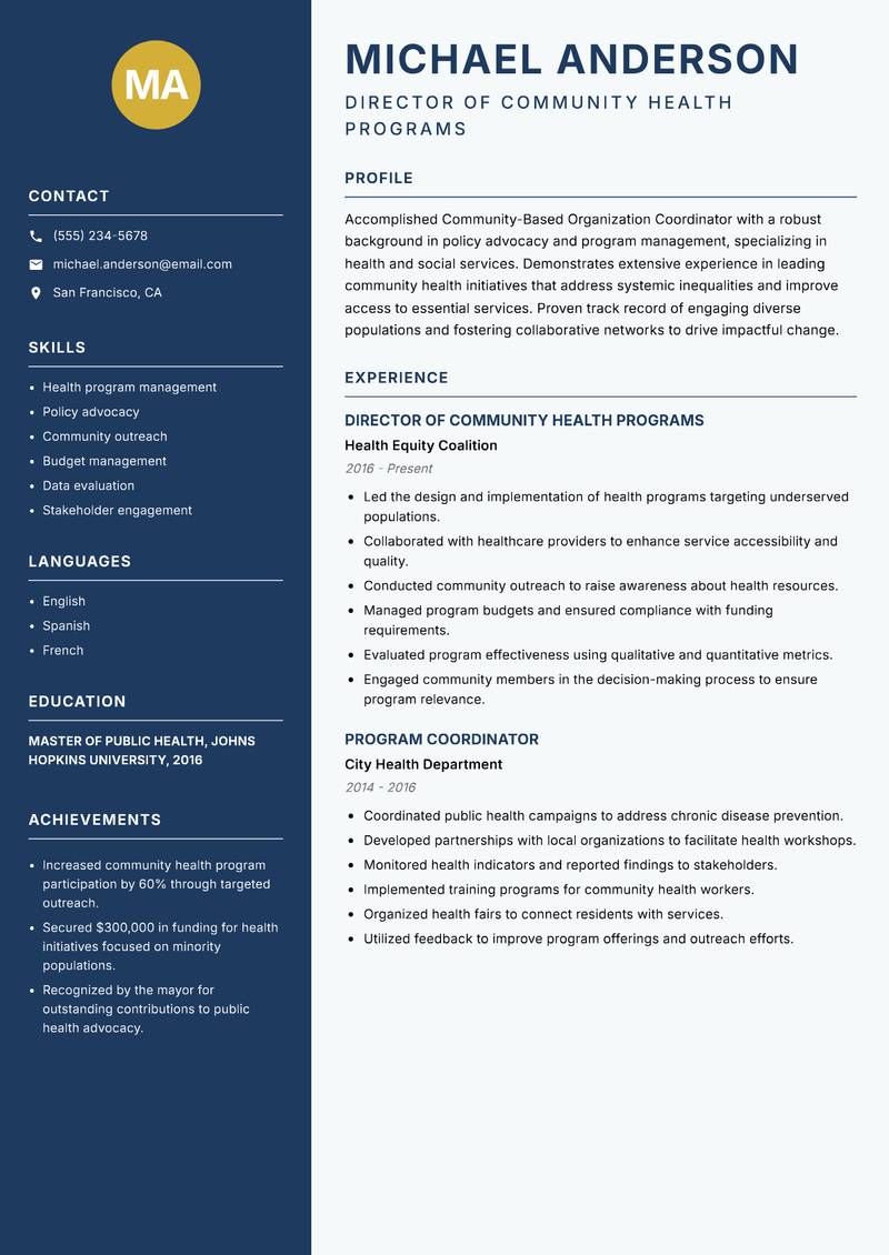 Community-Based Organization Coordinator Resume Preview Example