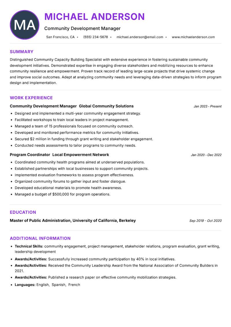 Community Capacity Building Specialist Resume Preview Example