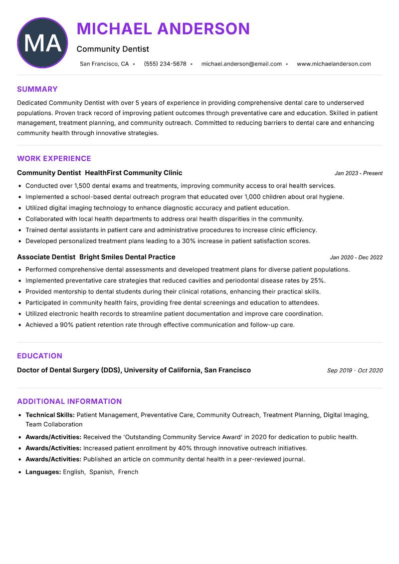 Community Dentist Resume Preview Example